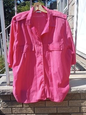 Tapestry Vintage Fuschia Casual Cotton Summer Plus Size Top w/ Collar, 2X?